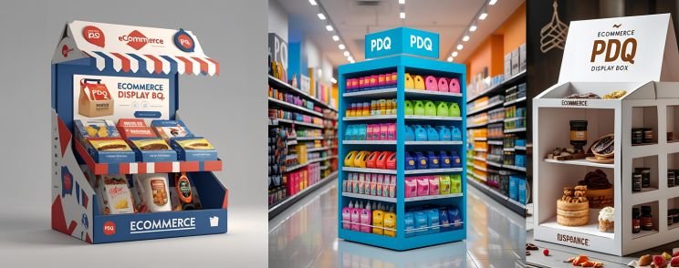 Ecommerce PDQ display boxes with colorful shelf-ready packaging