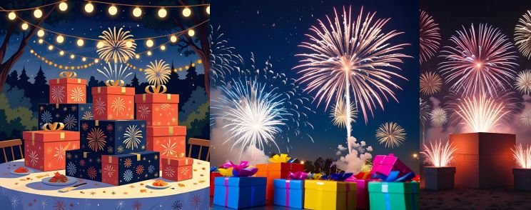 Fireworks in the sky with product cartons in the foreground