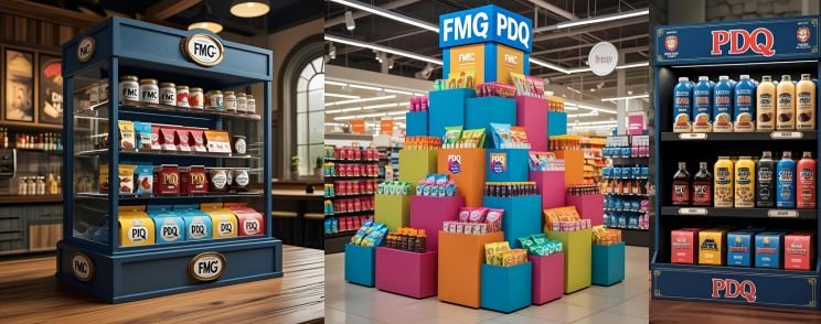 PDQ display units with FMCG products in a retail setup