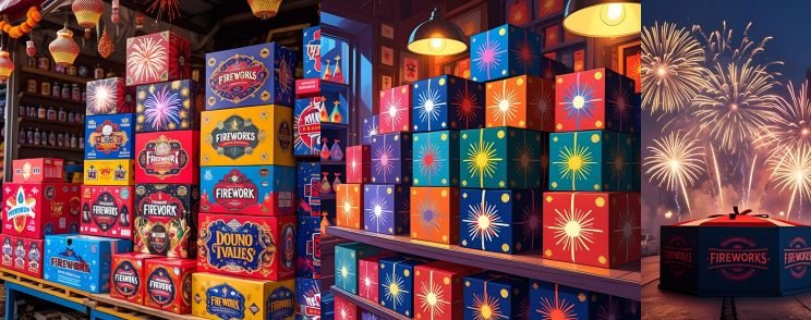 Retail shelf filled with festive fireworks packaging