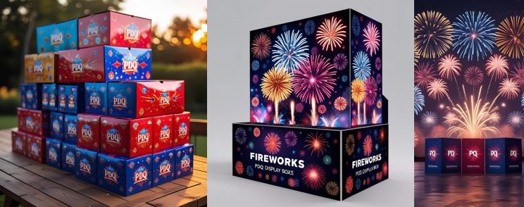 Festive PDQ display boxes for fireworks with colorful print