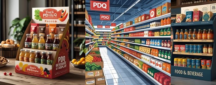 Food and beverage items displayed in custom PDQ boxes