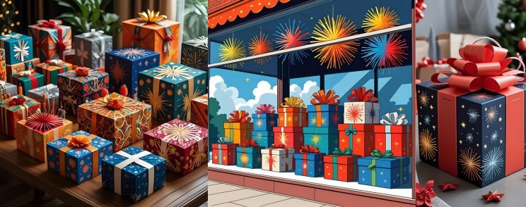 Festival-themed firework gift boxes on display table