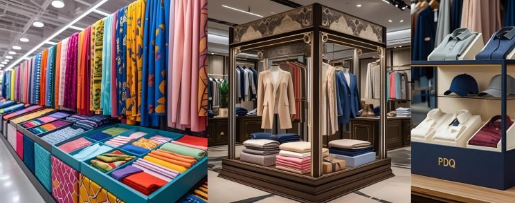 PDQ display units for garments and textile accessories