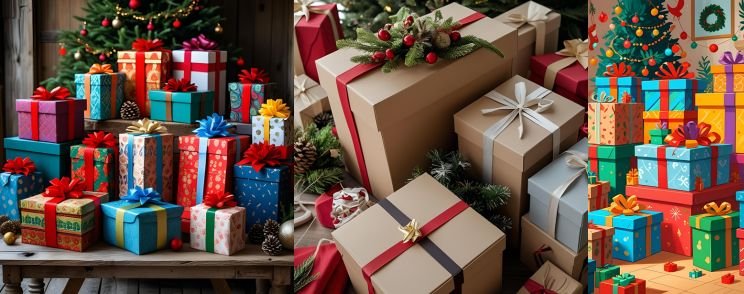 Vibrant sweet gift boxes stacked with festive ribbon wraps