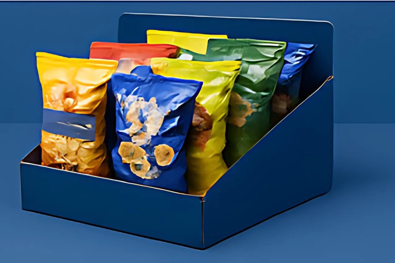 Shelf-ready PDQ display box filled with snack packets