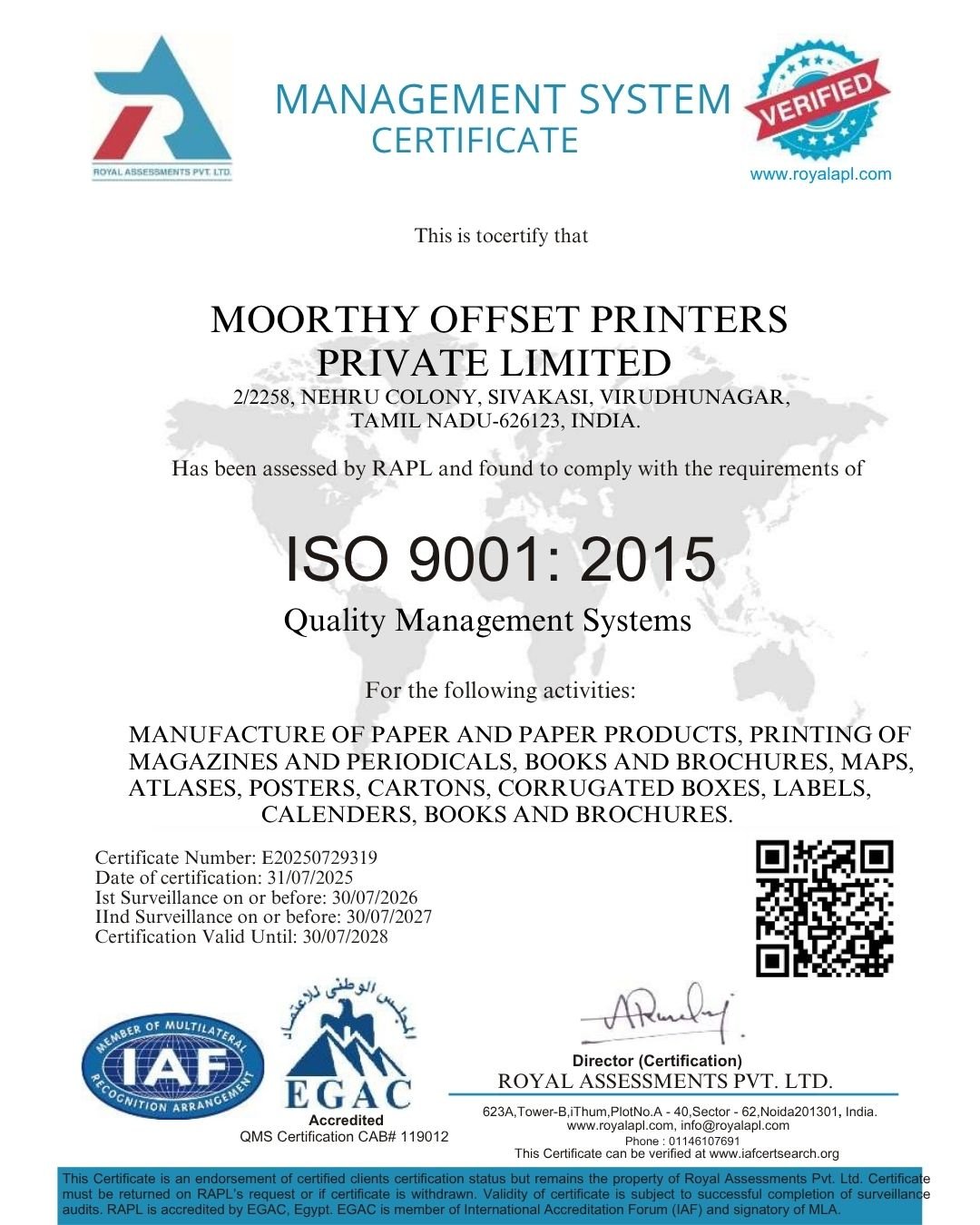 ISO 9001:2015 certificate for Moorthy Offset Printers Sivakasi awarded for quality management in printing and paper product manufacturing.